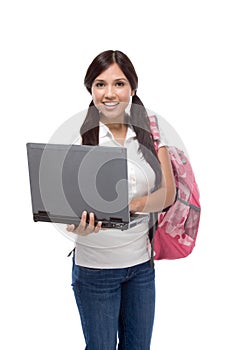 College student young Hispanic woman with laptop