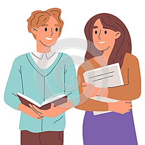 College students reading books, people with books. High school students holding educational literature, young couple studying