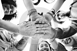 College Students Teamwork Stacking Hand Concept photo