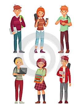 College students. University studying student, teenager studying english books and teenager with backpacks cartoon