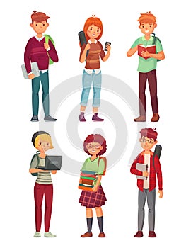 College students. University studying student, teenager studying english books and teenager with backpacks cartoon vector