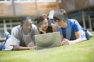 College students using laptop on campus lawn,