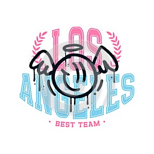 College tee print with angel graffiti style graphic. Los Angeles varsity vector concept.