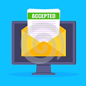 College or university acceptance letter on computer screen, open envelope document email.
