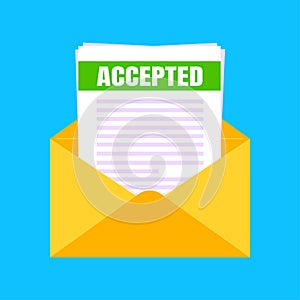 College or university acceptance letter with envelope and paper sheets document email.