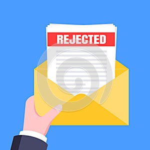 College or university reject letter with envelope and paper sheets document email.