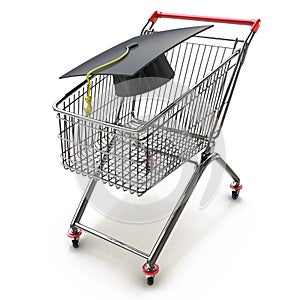 College And University Shopping concept with mortar board or graduation cap in a store shop cart as a metaphor for tuition and sc