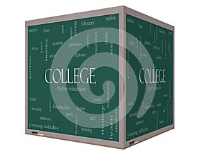College Word Cloud Concept on a 3D Cube Blackboard