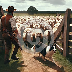 Collie dog helps round up and herd sheep into farm