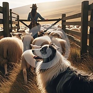 Collie dog helps round up and herd sheep into farm