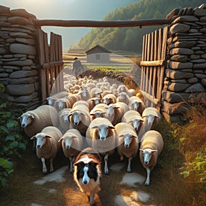 Collie dog helps round up and herd sheep into farm