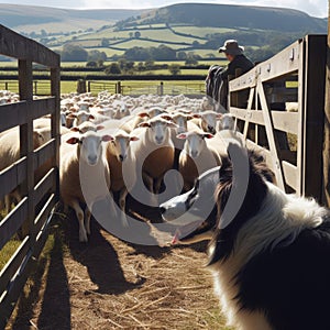 Collie dog helps round up and herd sheep into farm
