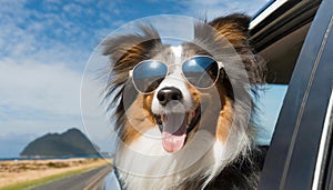 Collie dog on a road trip with head out of car