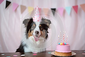 A collie dog's happy birthday: cake, candles, and celebration