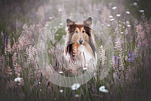 Collie dog stands in a flowery field, surrounded by an array of vibrant blooms