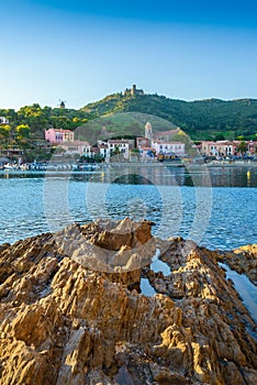 Collioure bay with rocks and beach at morning in France