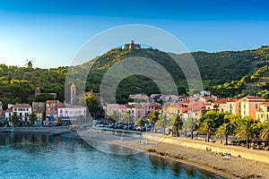 Collioure city and beach at morning in France