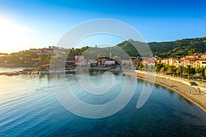 Collioure city and beach at morning in France