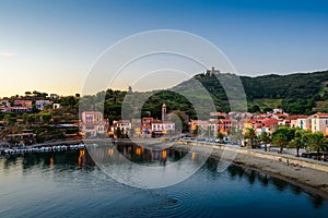 Collioure city and beach at sunrise in France