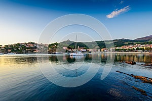 Collioure city and beach at sunrise in France