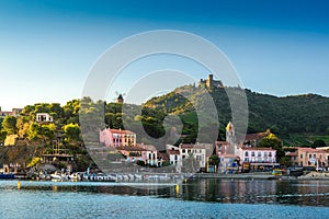 Collioure city and harbor with boats and morning lights in France