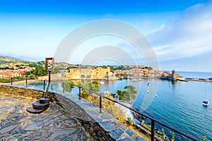 Collioure harbor and city seen from La Glorieta viewpoint in France