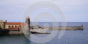 Collioure panorama sea coast harbor city with Notre-Dame-des-Anges church Lady of the Angels