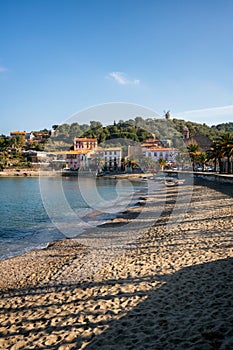 Collioure view from the beach with the Mill on the top of the village