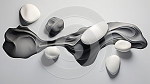 Collision of abstract objects in space. Abstract scene of various colliding objects. A dynamic composition of spheres and plasticy