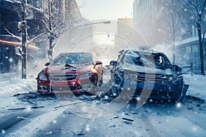 Collision of red and blue car on a street in winter