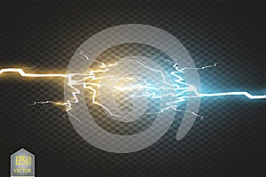 Collision of two forces with gold and blue light. Vector illustration. Hot and cold sparkling power. Energy lightning