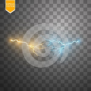 Collision of two forces with gold and blue light. Vector illustration. Hot and cold sparkling power. Energy lightning