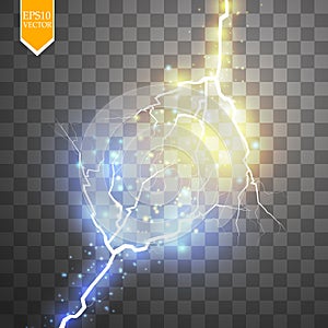 Collision of two forces with gold and blue light. Vector illustration. Hot and cold sparkling power. Energy lightning