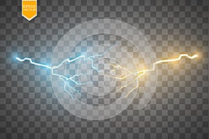 Collision of two forces with gold and blue light. Vector illustration. Hot and cold sparkling power. Energy lightning