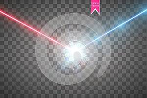 Collision of two forces with red and blue light. Vector illustration. Hot and cold sparkling power. Energy lightning