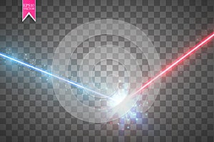 Collision of two forces with red and blue light. Vector illustration. Hot and cold sparkling power. Energy lightning