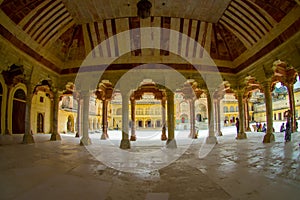 Collumned hall in Sattais Katcheri in Amber Fort near Jaipur, Rajasthan, India. Amber Fort is the main tourist