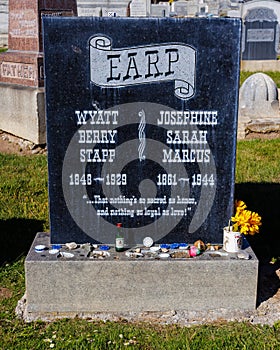 Colma , California, USA - May 13 2023: Close up of Wyatt Earpâs headstone at Hills of Eternity Memorial Park.