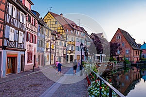 Colmar, Alsace, France. Petite Venice, water canal and traditional half timbered houses. Colmar is a charming town in