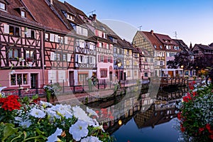 Colmar, Alsace, France. Petite Venice, water canal and traditional half timbered houses. Colmar is a charming town in