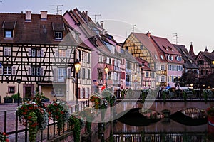 Colmar, Alsace, France. Petite Venice, water canal and traditional half timbered houses. Colmar is a charming town in