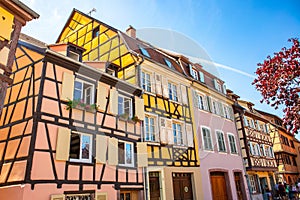 Colmar, Alsace, France. Petite Venice, water canal and traditional half timbered houses. Colmar is a charming town in Alsace,