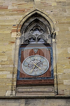France, Colmar, Clock of the Saint-Martin collegiate church, Text under the clock Memento mori