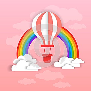 Colofrul Air Balloon Over Pink Sky, Clouds And Rinbow Background photo