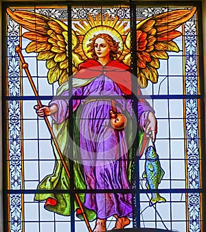 Coloful Archangel Raphael Stained Glass Puebla Cathedral Mexico