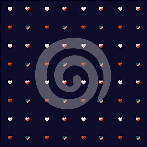 Coloful hearts regular repeat on dark navy blue background. Seamless vector romantic love valentine pattern. For fabric, textile,