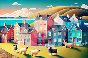 Coloful seaside town with sheep fun happy illustration photo