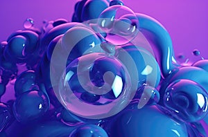 Coloful transparent glossy blue glossy bubbles over pink background. Color bubble background