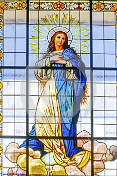 Coloful Virgin Mary Stained Glass Puebla Cathedral Mexico