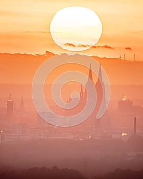 Cologne against sunset, North Rhine Westphalia, Germany